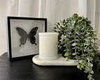 A white textured ceramic candle jar sits on a white marble tray next to a black-framed butterfly print and a green trailing eucalyptus plant on a dark wooden table, with white sheer curtains in the background.